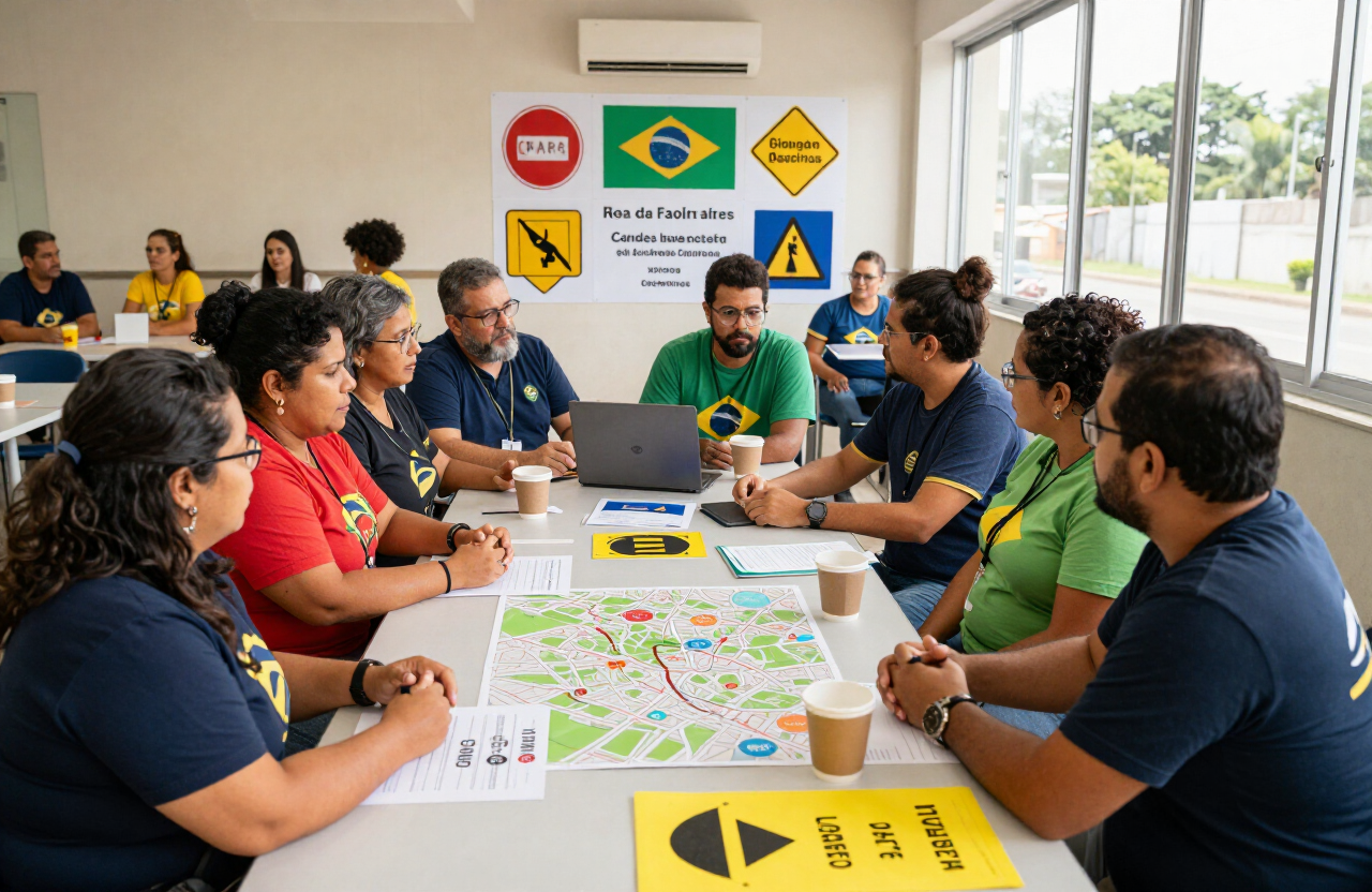 Equipe do instituto planeja uma campanha de segurança viária com mapas e cartazes sobre a mesa