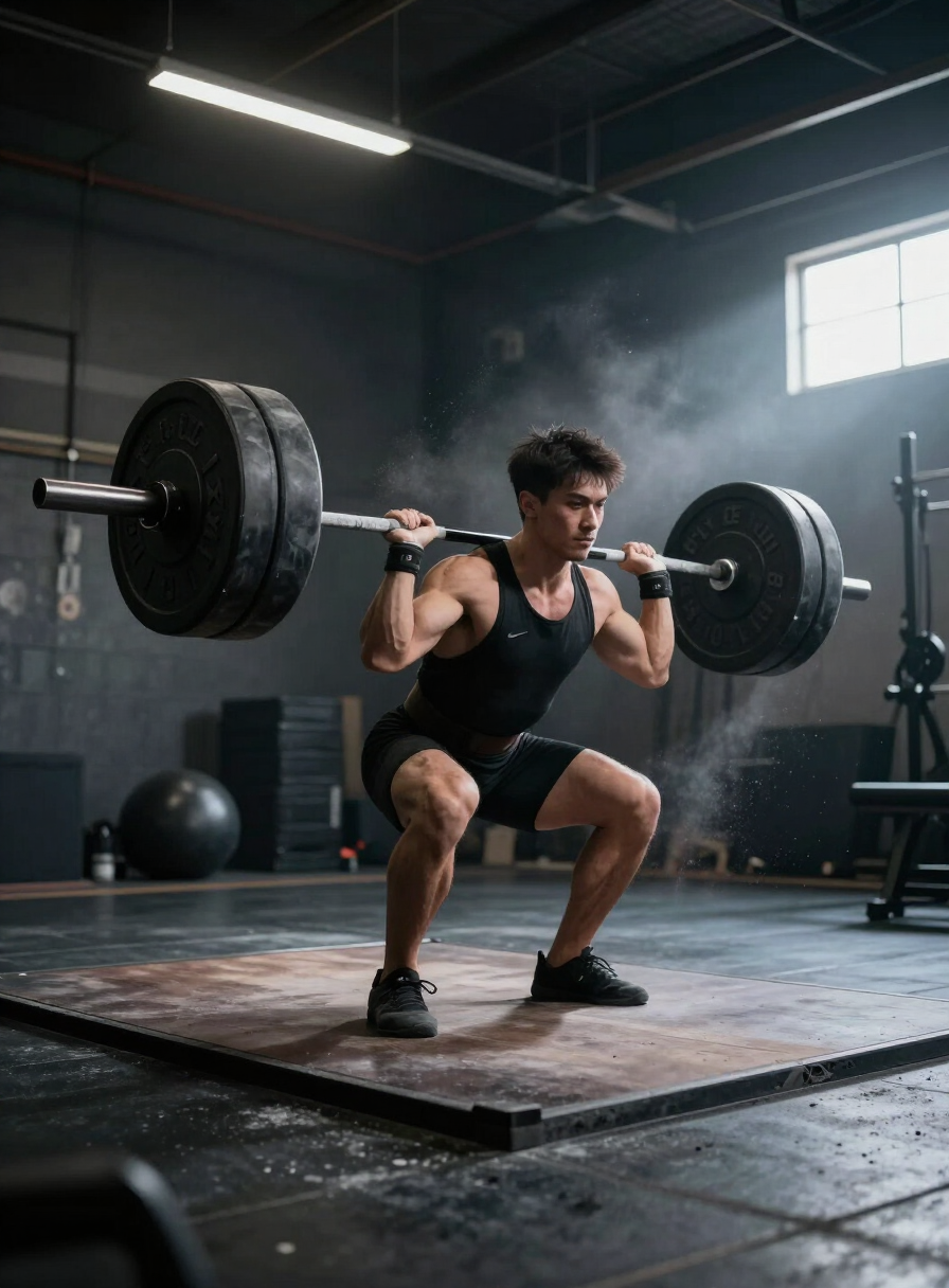 Athlete locking out a heavy barbell deadlift on a platform