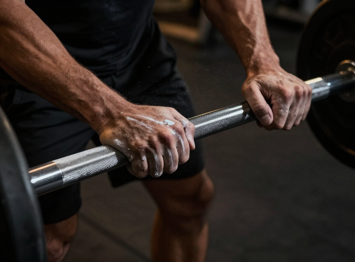 Athlete resting between sets with chalk and a training log nearby