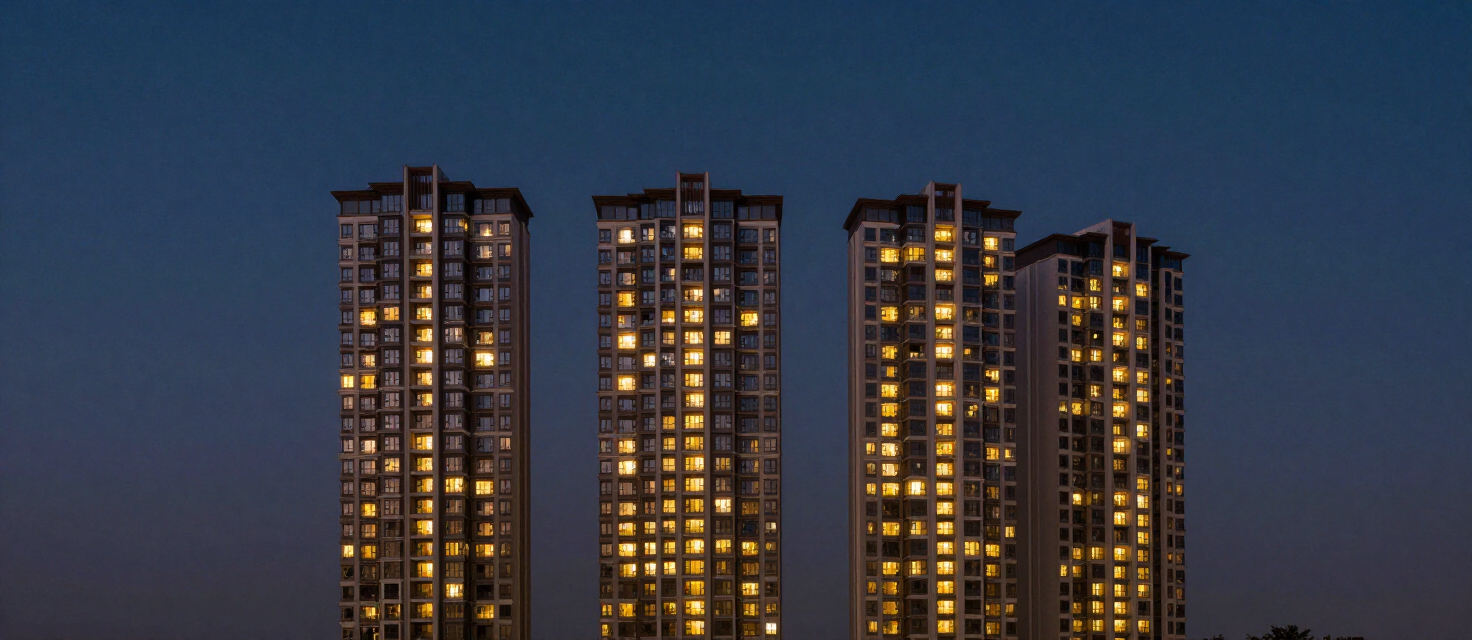 Premium residential towers in India at dusk with warm lights glowing