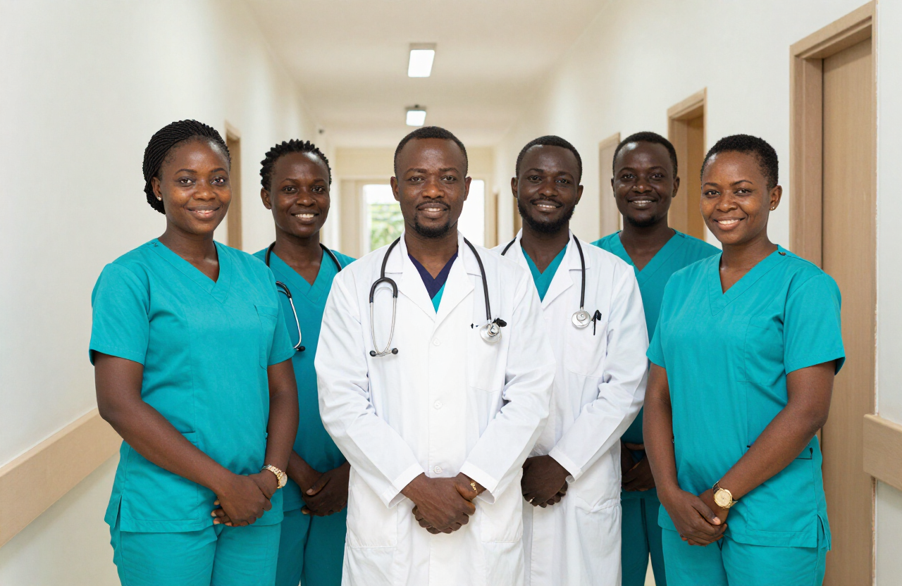 The New Amsterdam Healthcare team of nurses and doctors standing together in a clinic corridor