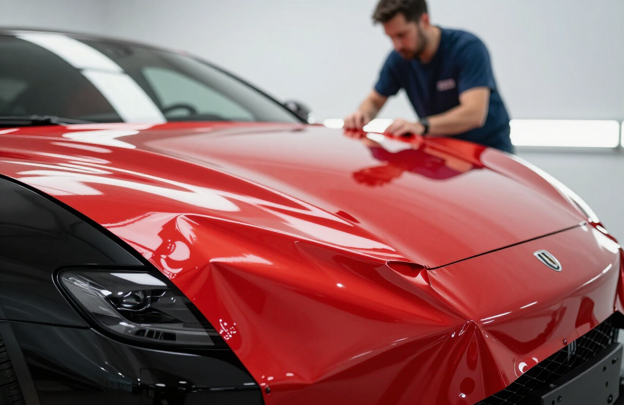 Crimson red vinyl draped over a black car hood in the shop, installer softly blurred in the background