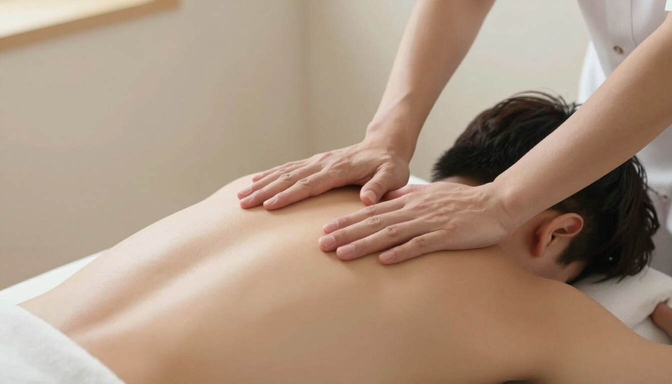 Hands treating the upper back and neck on a treatment table