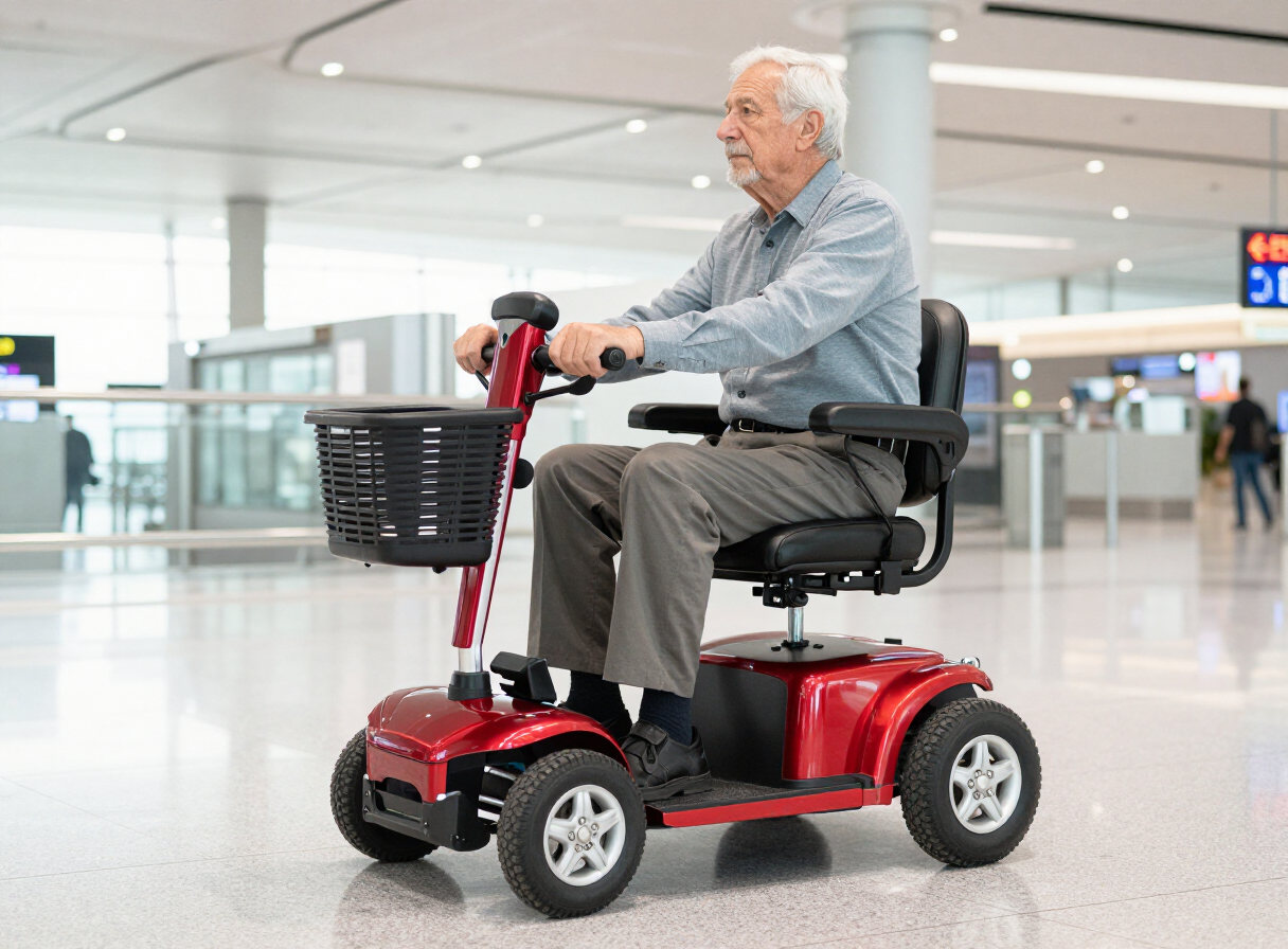 Older man using a compact red travel mobility scooter in an airport terminal