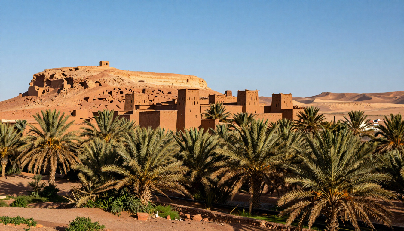 The Nkob oasis with its date-palm grove and traditional earthen kasbah towers beneath red-brown desert hills, southern Morocco