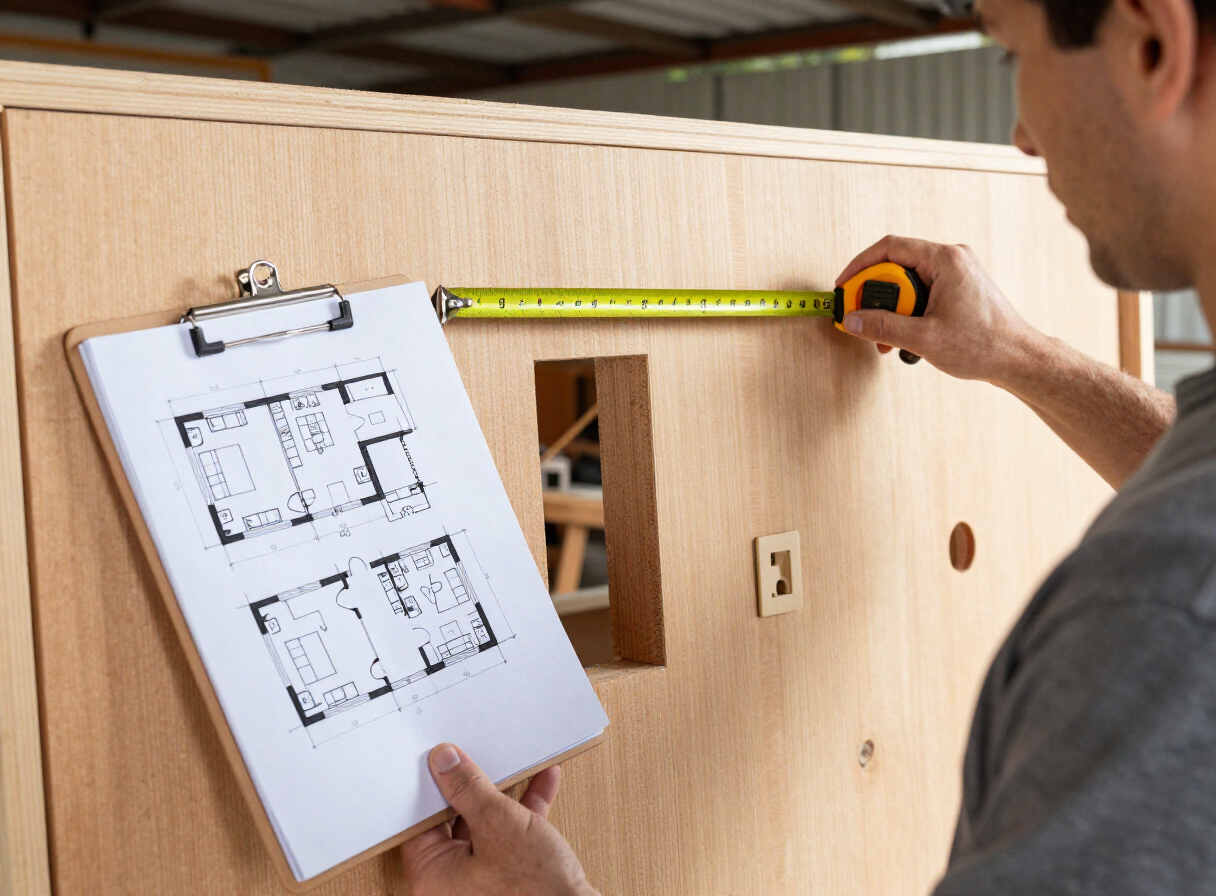 A woodworker measuring a compact garage workspace with a tape measure while sketching a floor plan on a notepad, marking doorways and electrical outlets