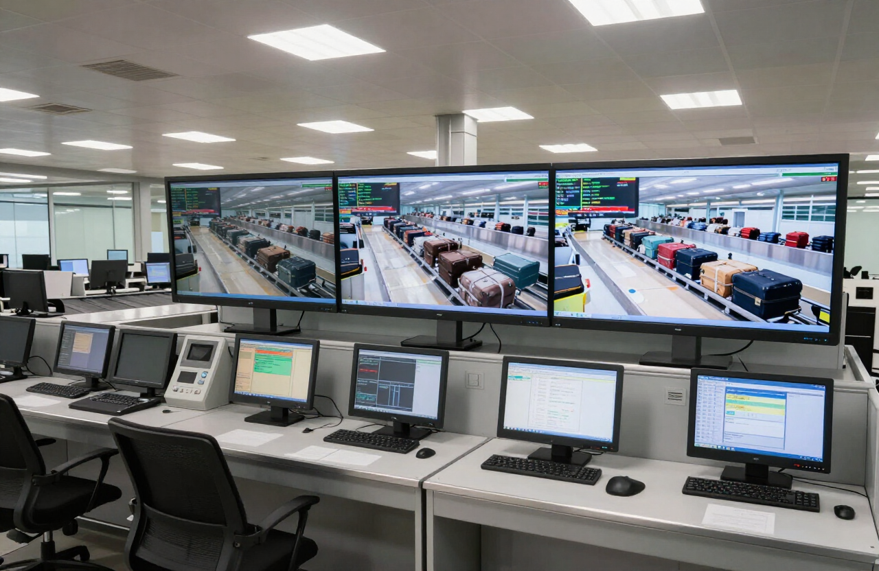 Airport baggage-handling control room with industrial panel PCs and monitoring displays