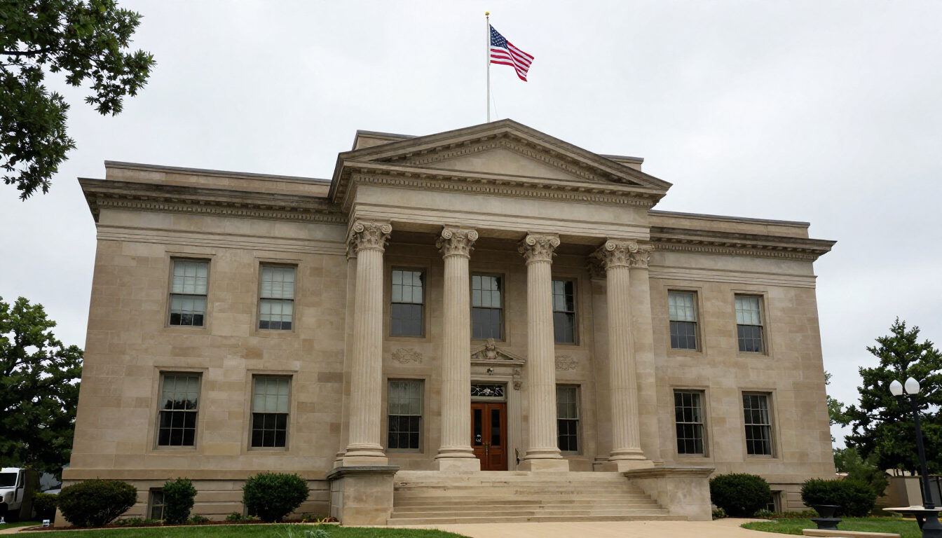 Classical limestone county courthouse exterior with columns and American flag in Missouri under overcast sky