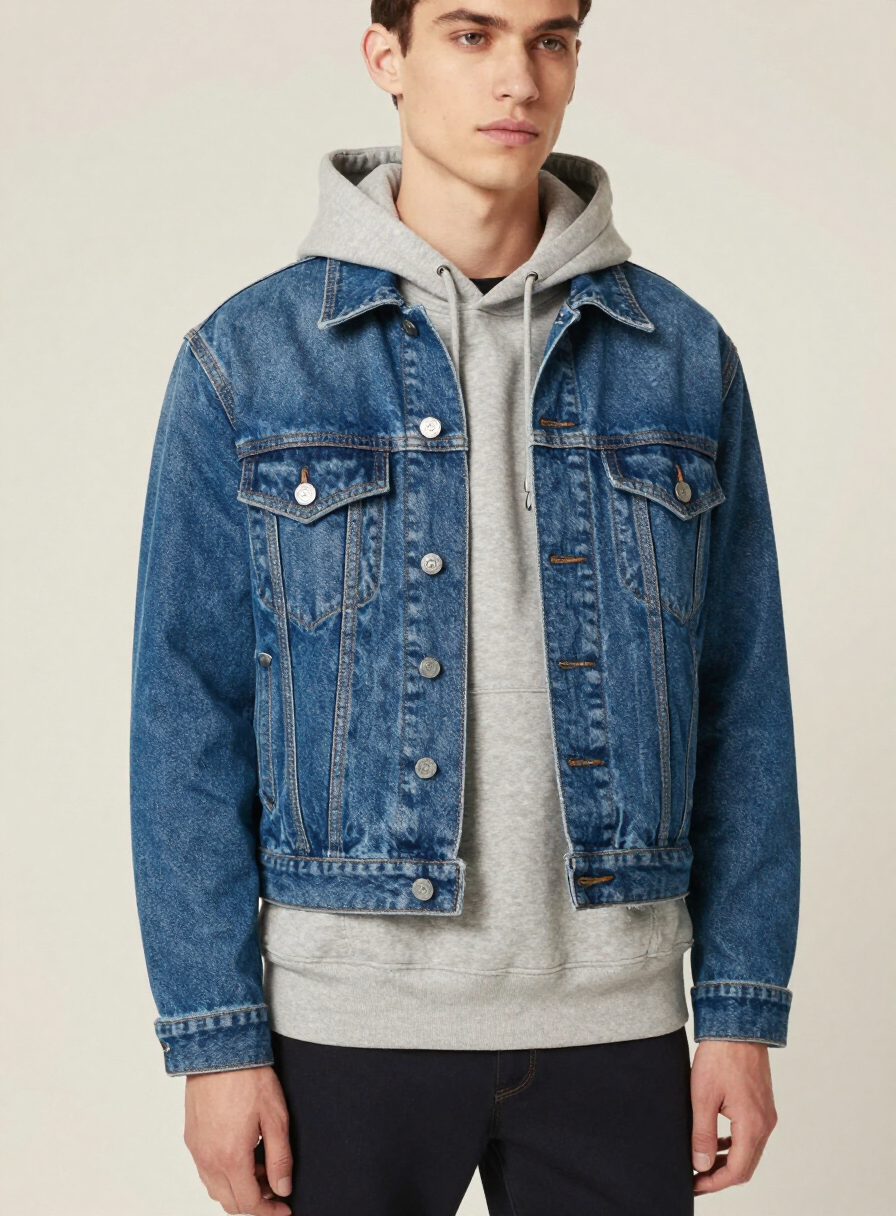Model wearing a cropped raw-hem denim jacket in mid-wash indigo over a grey hoodie