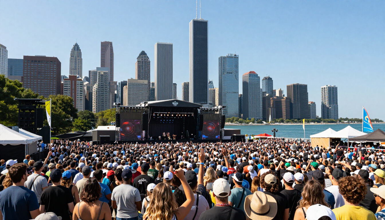 Summer crowd in Grant Park Chicago with downtown skyline and Lake Michigan in background