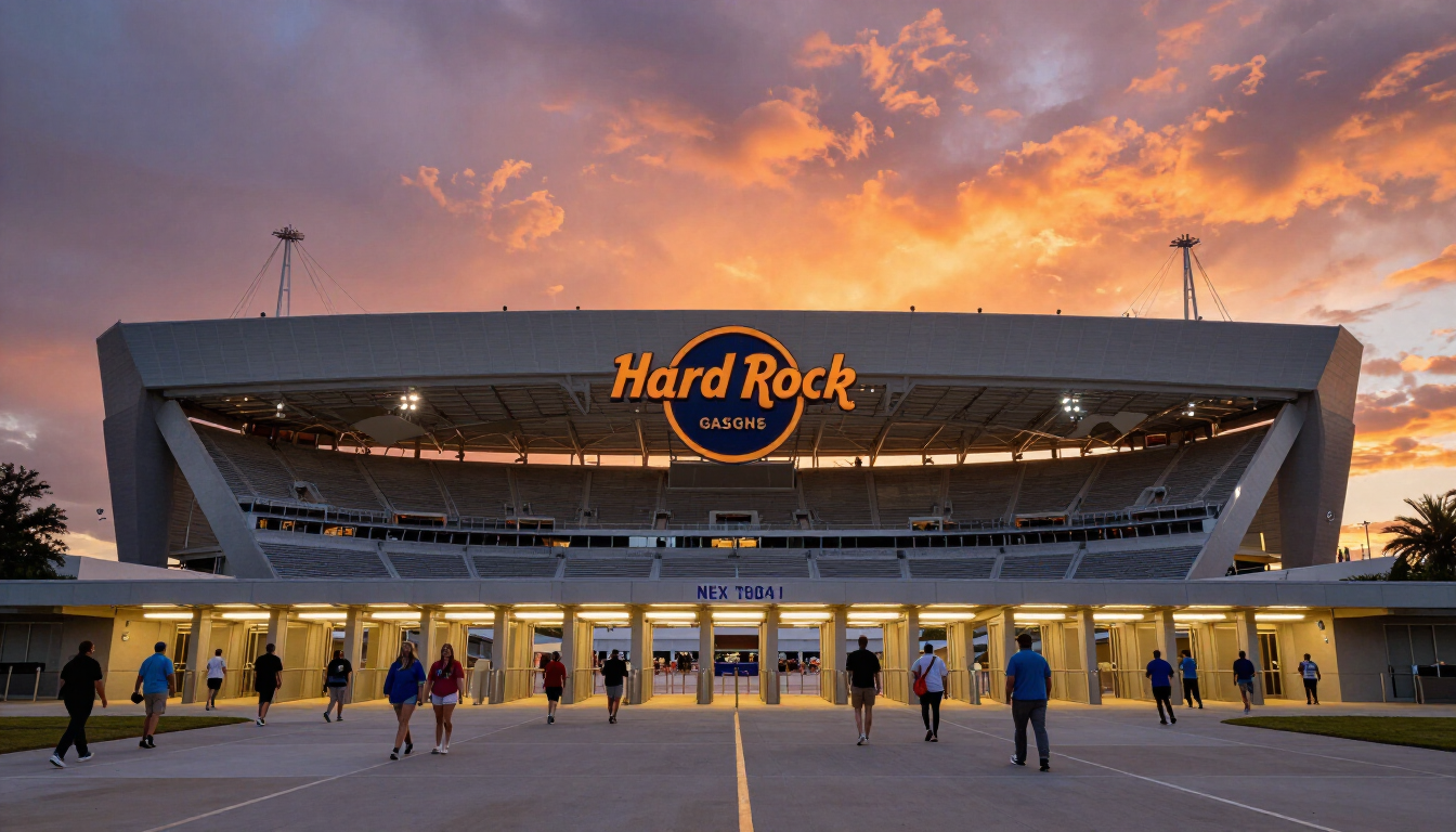 Exterior view of a large outdoor stadium at sunset with fans approaching entry gates.