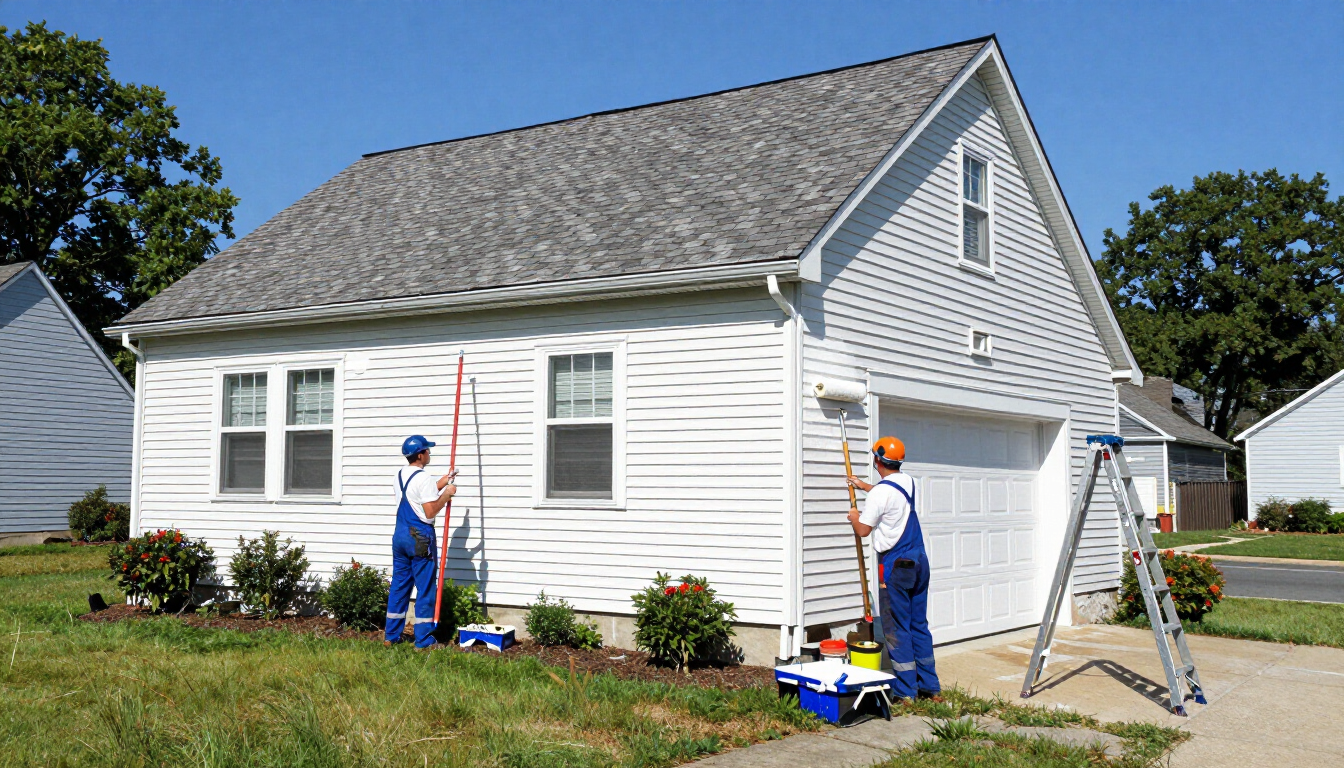 Two painters rolling fresh exterior paint on a Wood-Ridge NJ home on a sunny summer day