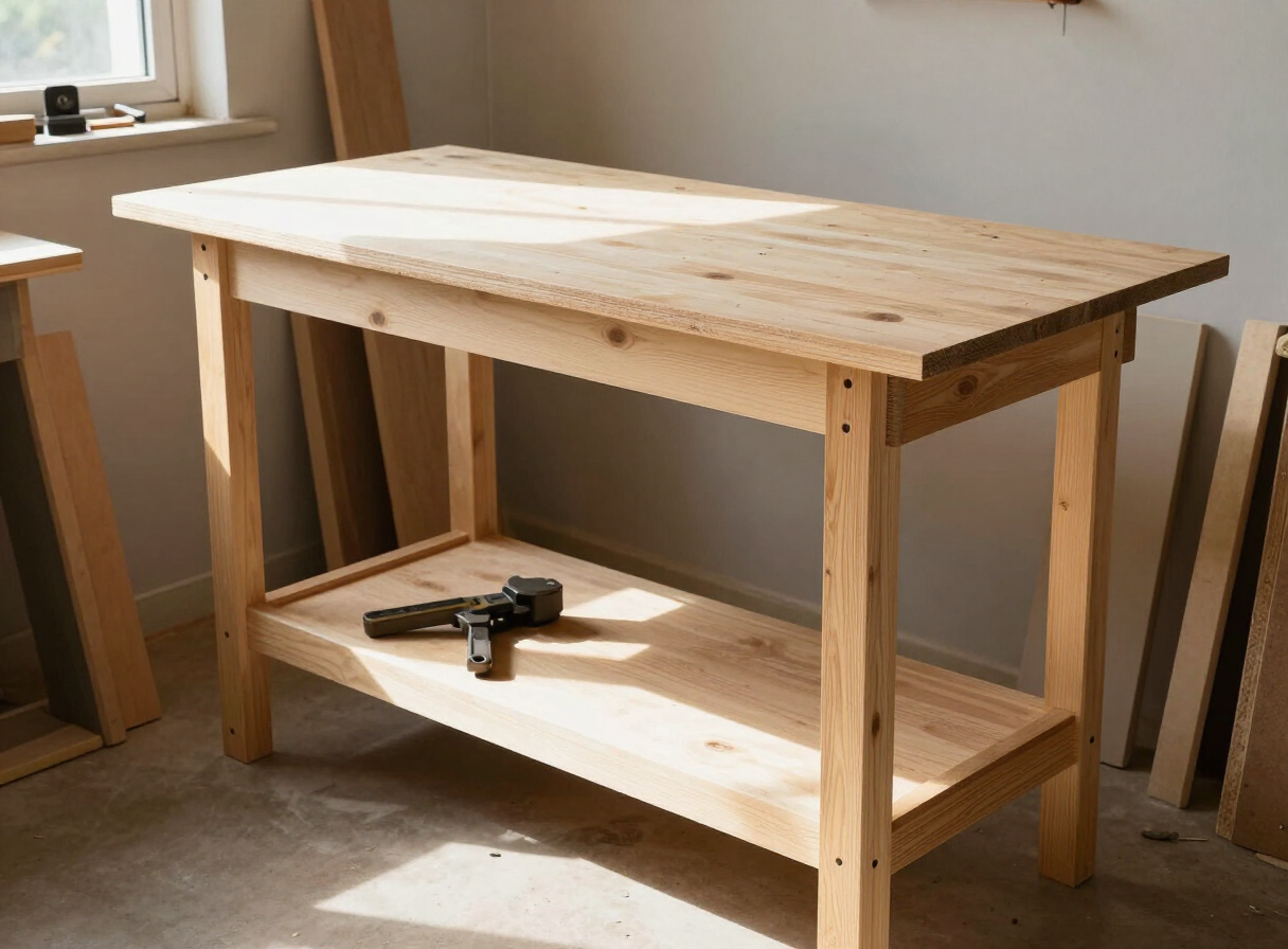 A simple homemade wooden workbench built from 2x4 lumber and plywood in a small home workshop, with a lower shelf holding tools and a vice on one corner, bright daylight