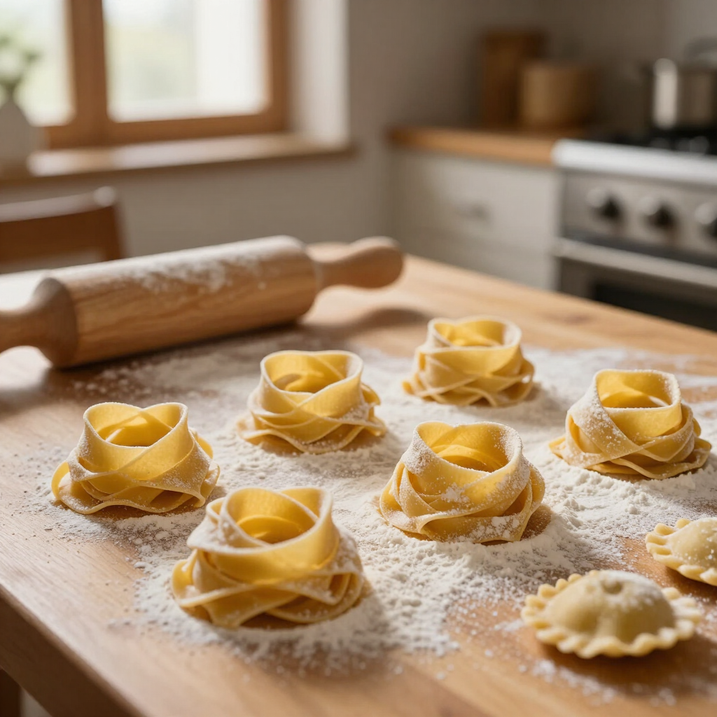 Frische handgemachte Tagliatelle-Nester und Ravioli mit Mehl bestäubt auf einem Holztisch