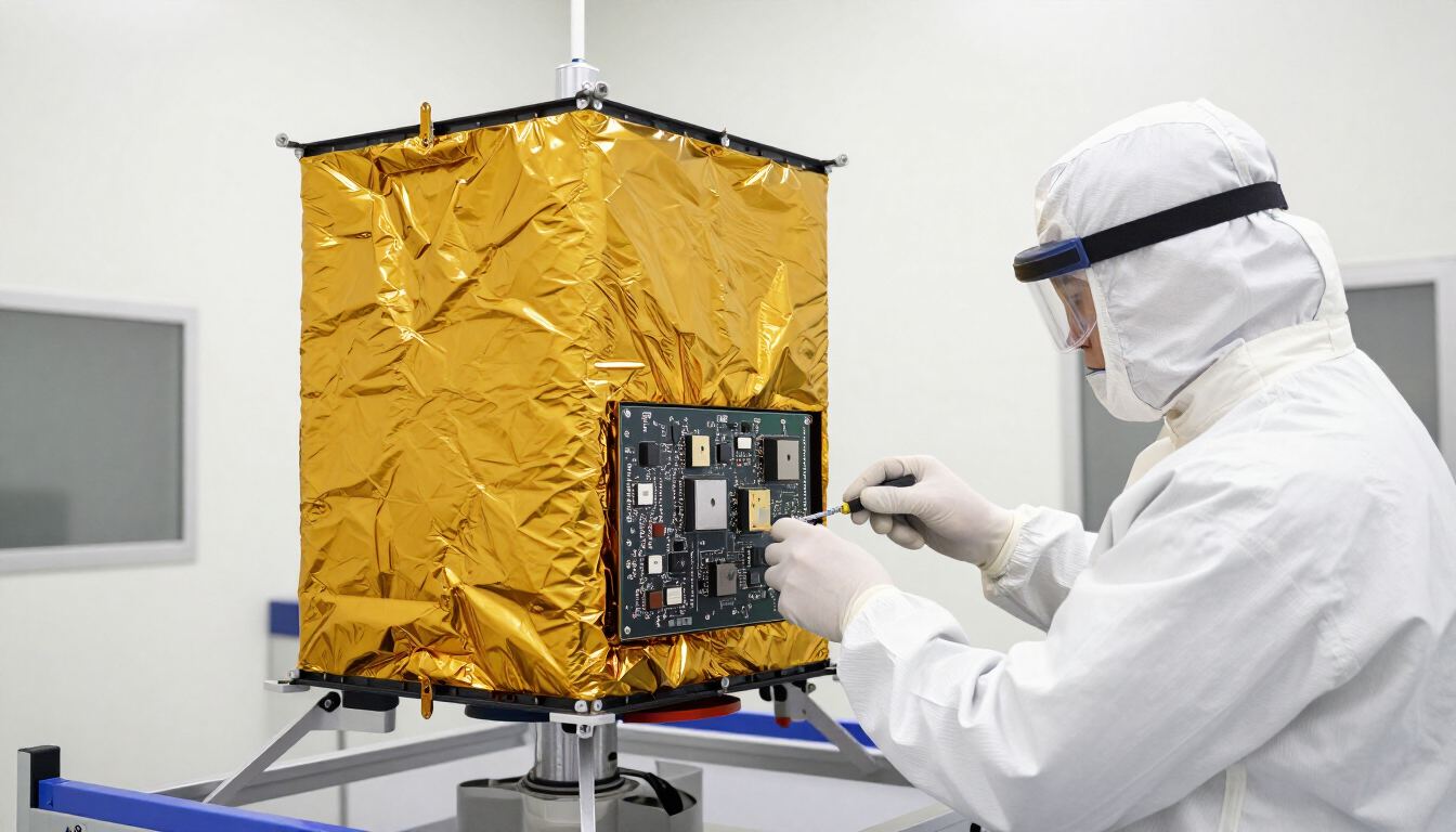 Small satellite electronics being assembled in an aerospace cleanroom