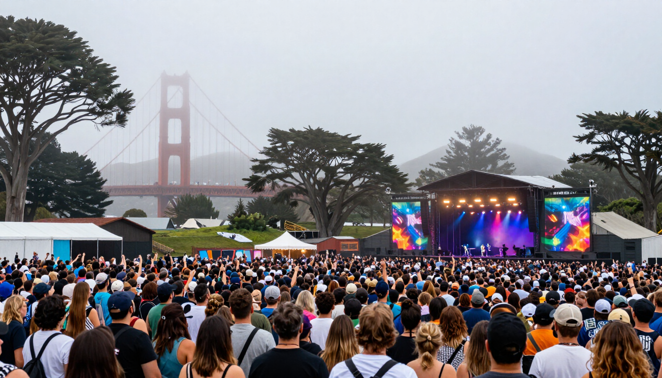 Festival crowd in Golden Gate Park with fog and a main stage visible in the background.