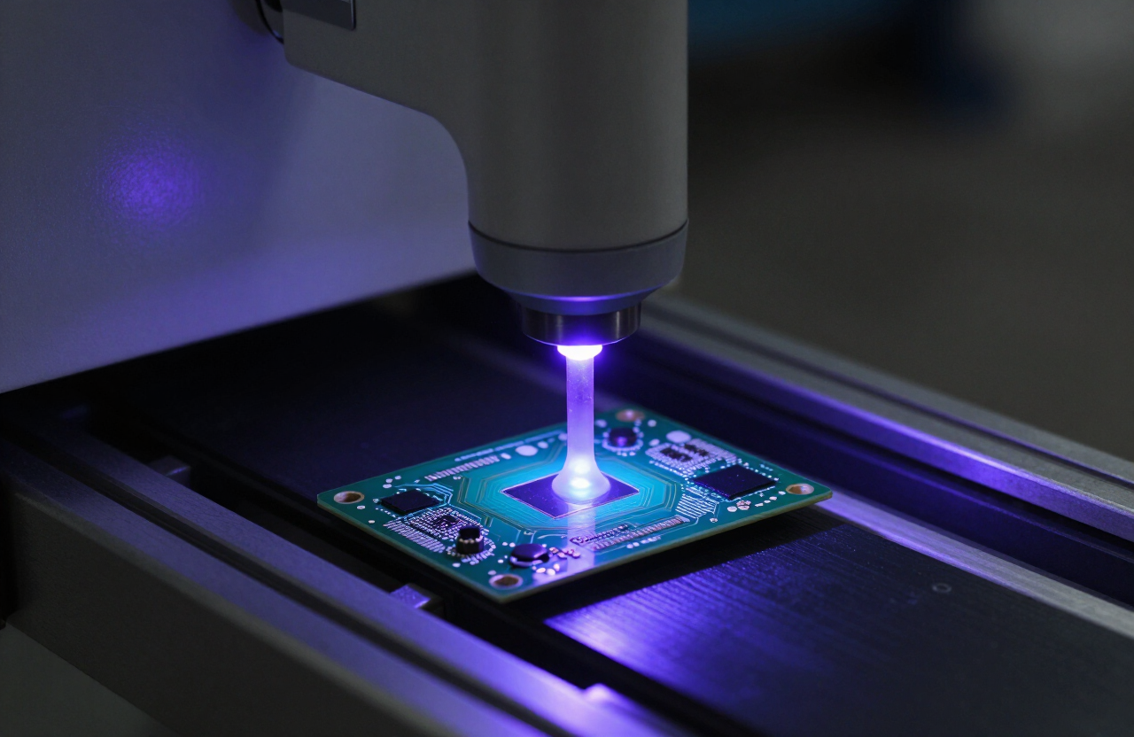 UV LED curing of adhesive on a printed circuit board assembly with focused ultraviolet light