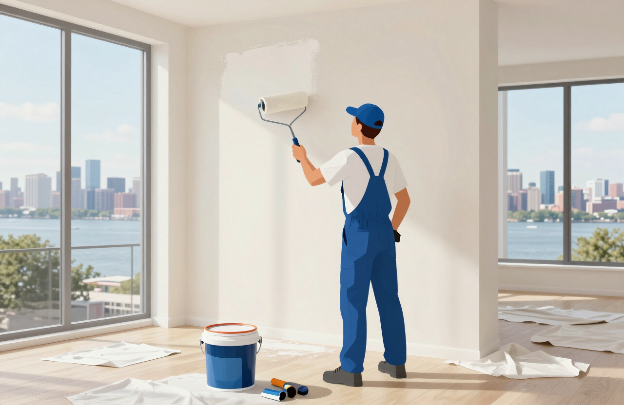 Illustrative painter rolling fresh premium paint onto a drywall wall in a bright Fort Lee NJ luxury condo