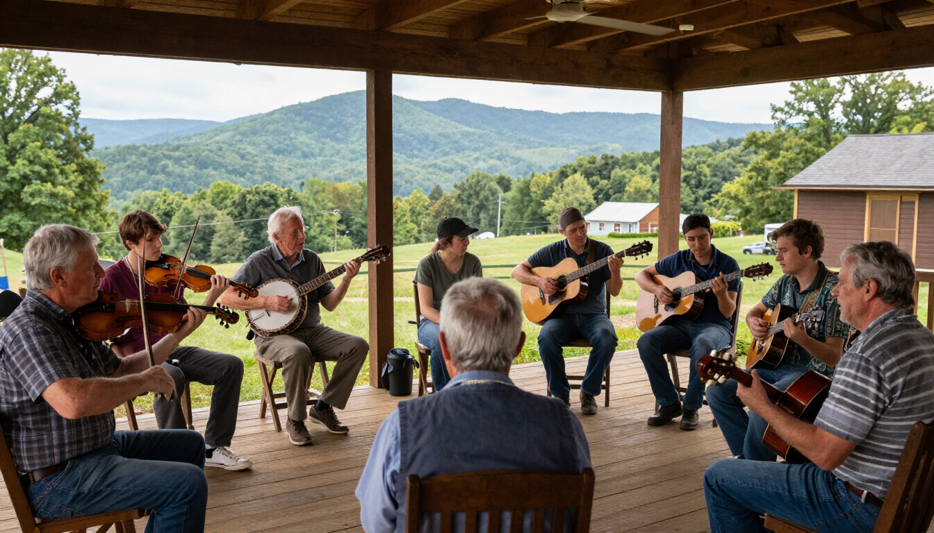 Multigenerational old-time music jam session in a Southwest Virginia community hall, fiddles, banjos, and guitars