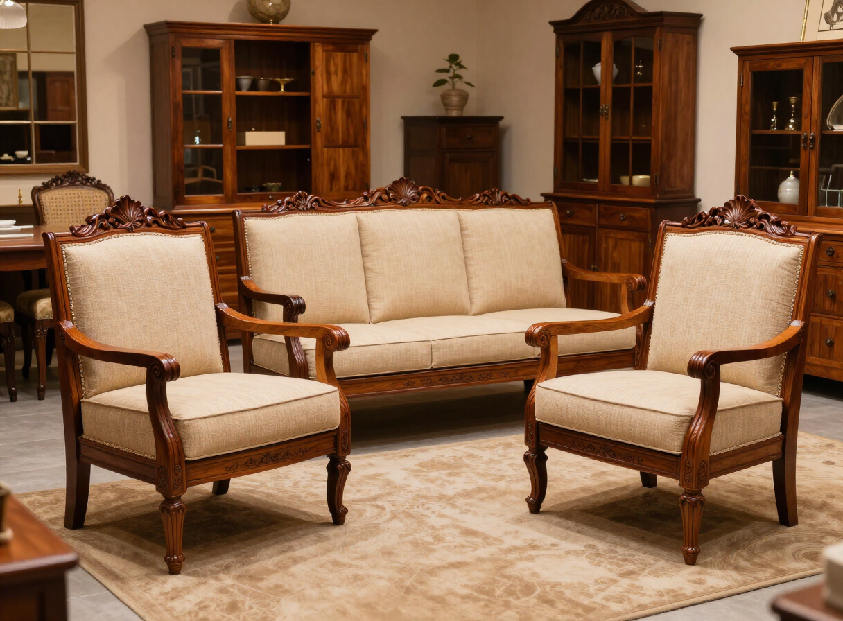 Classic teakwood sofa set with cushions