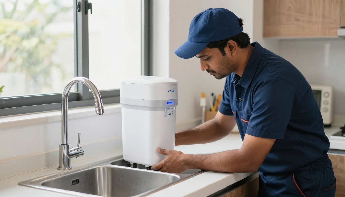 Devik RO Care technician installing an RO water purifier in a Delhi NCR home kitchen