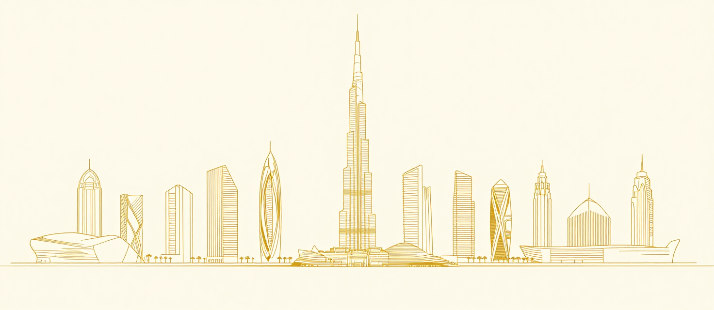 Golden line-art illustration of the Dubai skyline