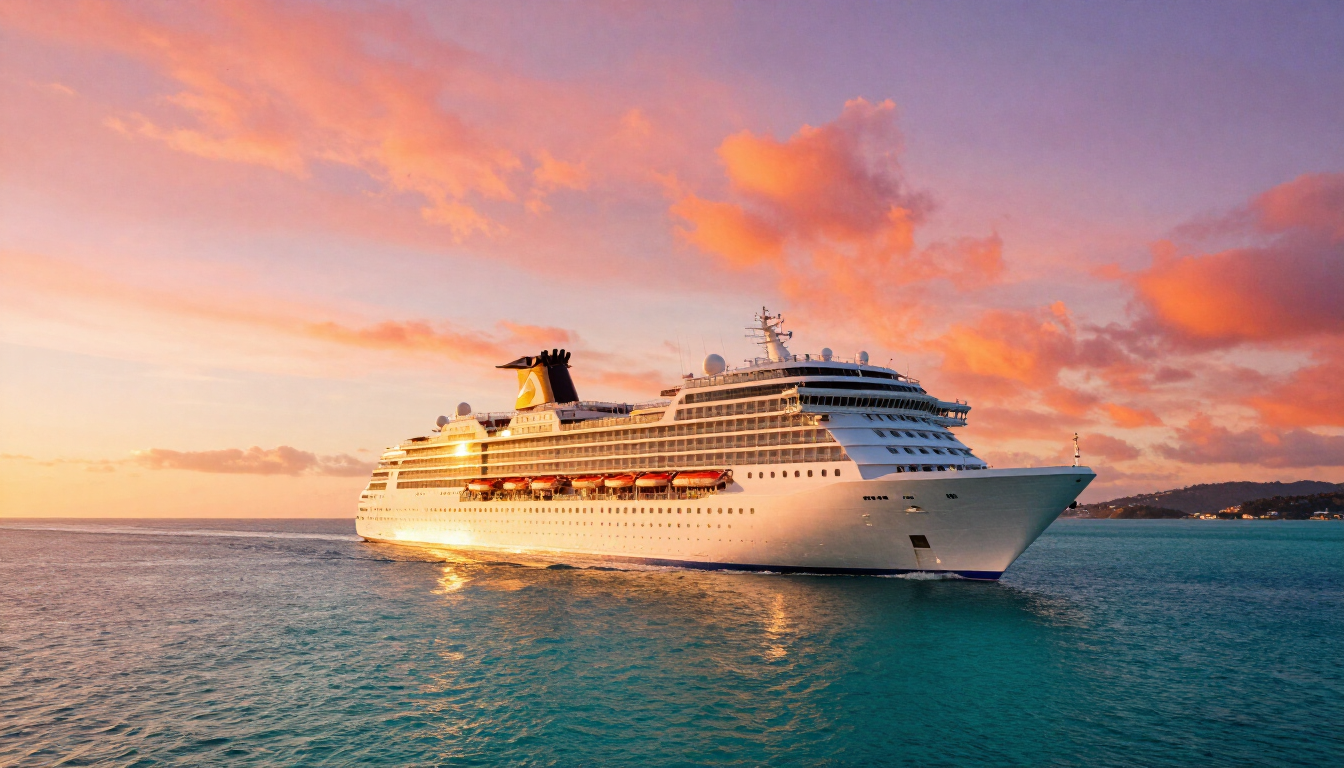 View of a cruise ship sailing at sunset