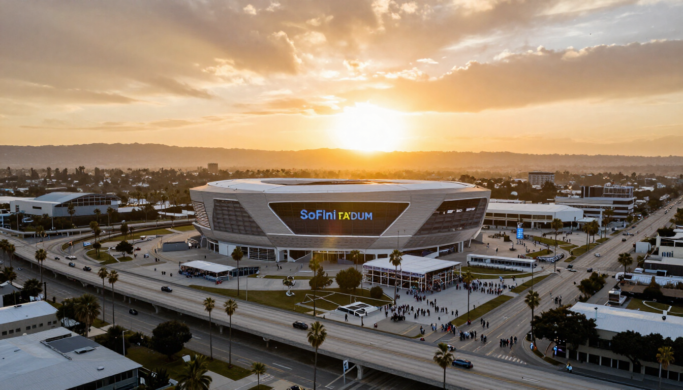 Aerial view of SoFi Stadium in Inglewood, Los Angeles at sunset with palm trees and freeways visible
