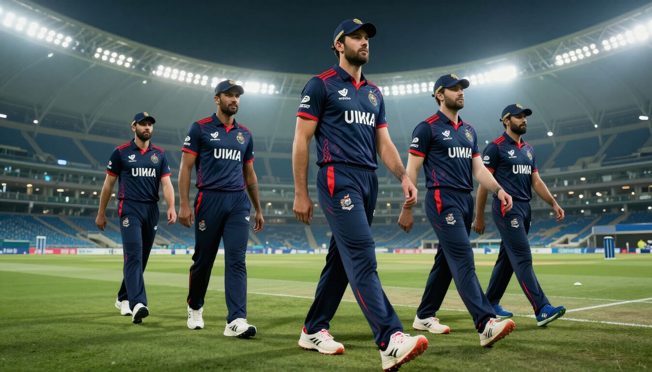 Cricket team wearing custom navy Engreek uniforms walking onto a floodlit pitch