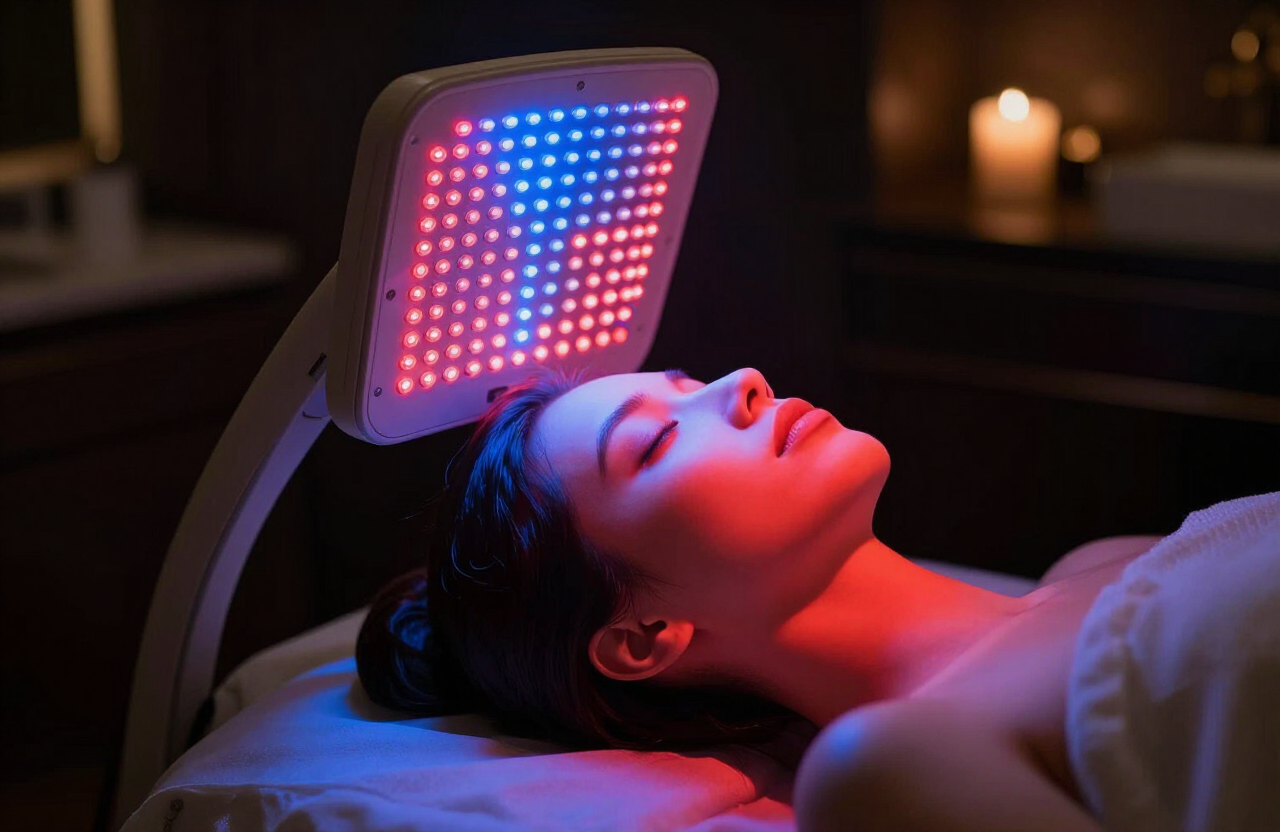 LED panel casting red and blue light over a face in a dark treatment room