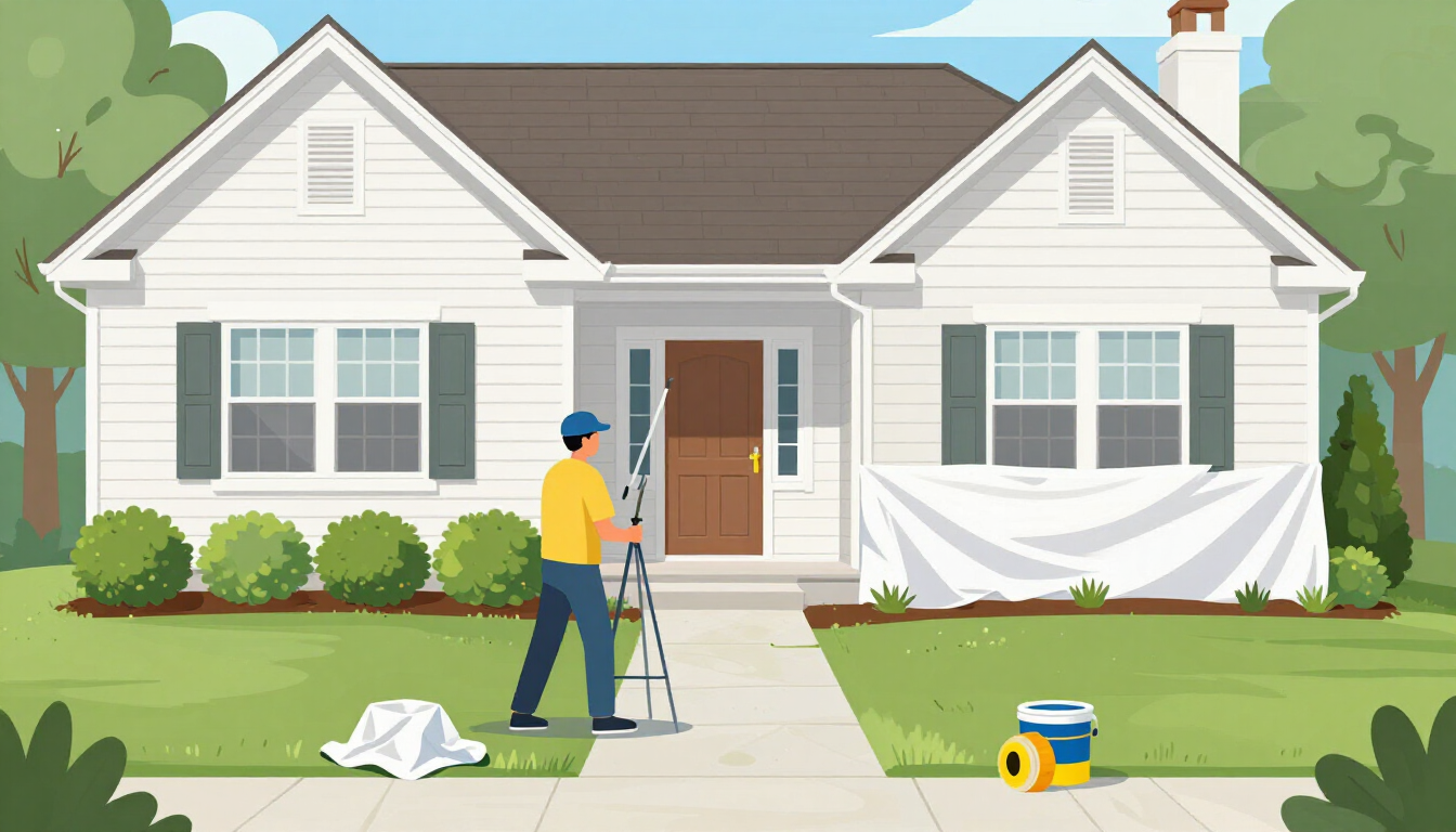 Illustrative exterior painting prep around an Englewood NJ home with drop cloths and protected landscaping