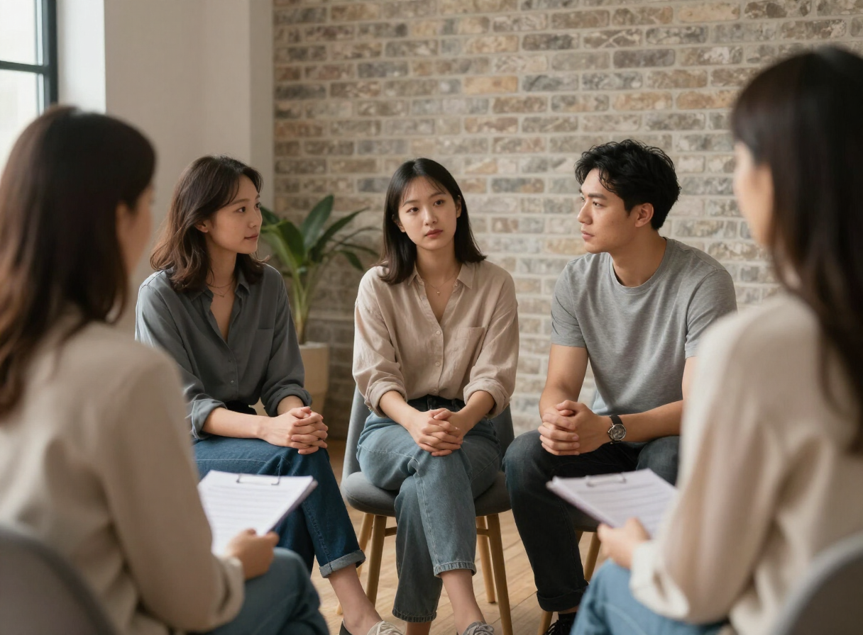 A couple in conversation with their therapist in a calm room