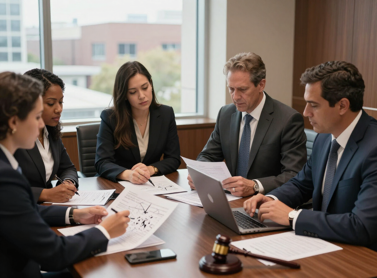 Legal team reviewing accident reconstruction diagrams in a modern Kansas City office