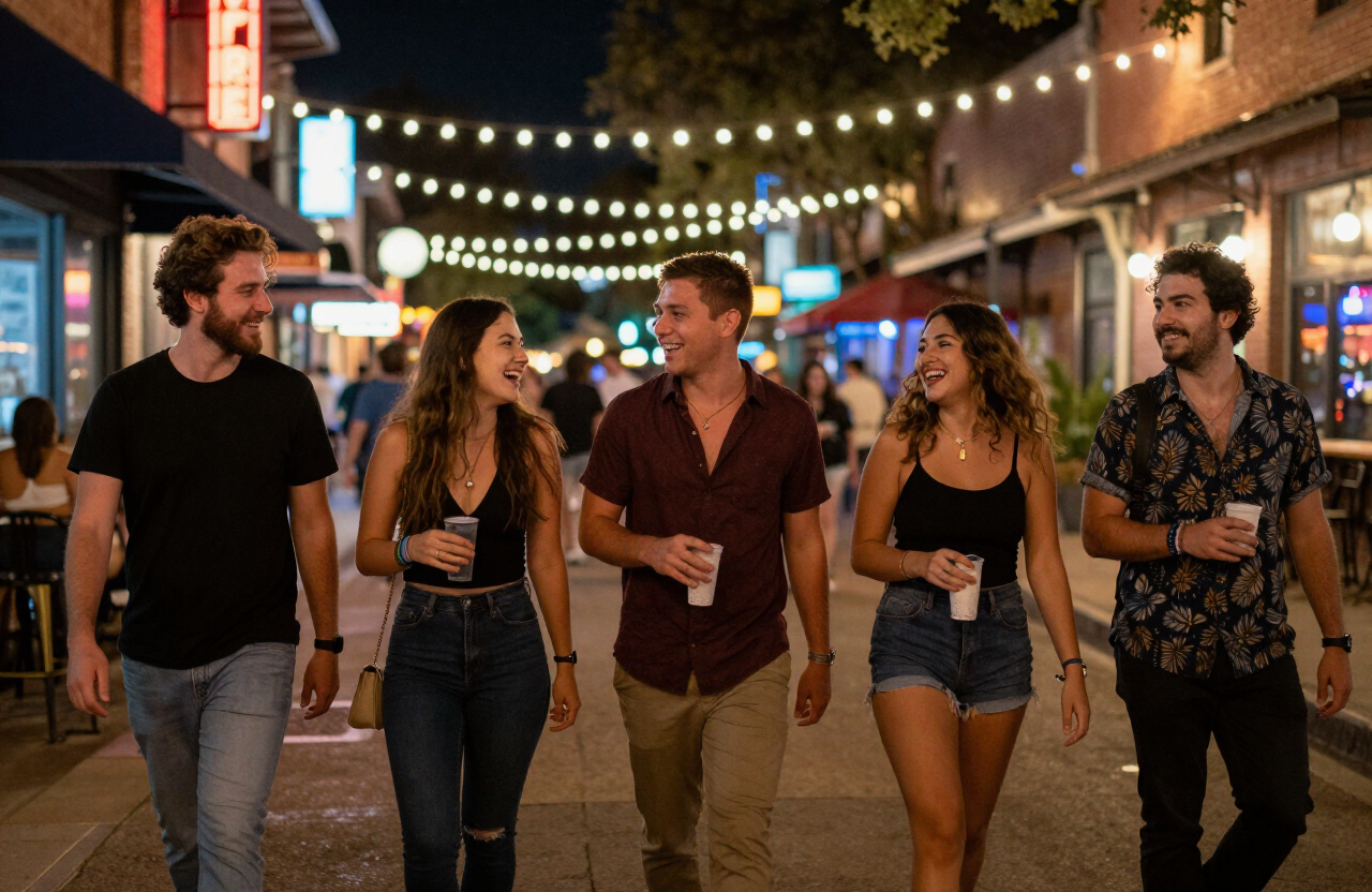 Group of friends in concert outfits walking together down a lively neon-lit downtown entertainment street at night