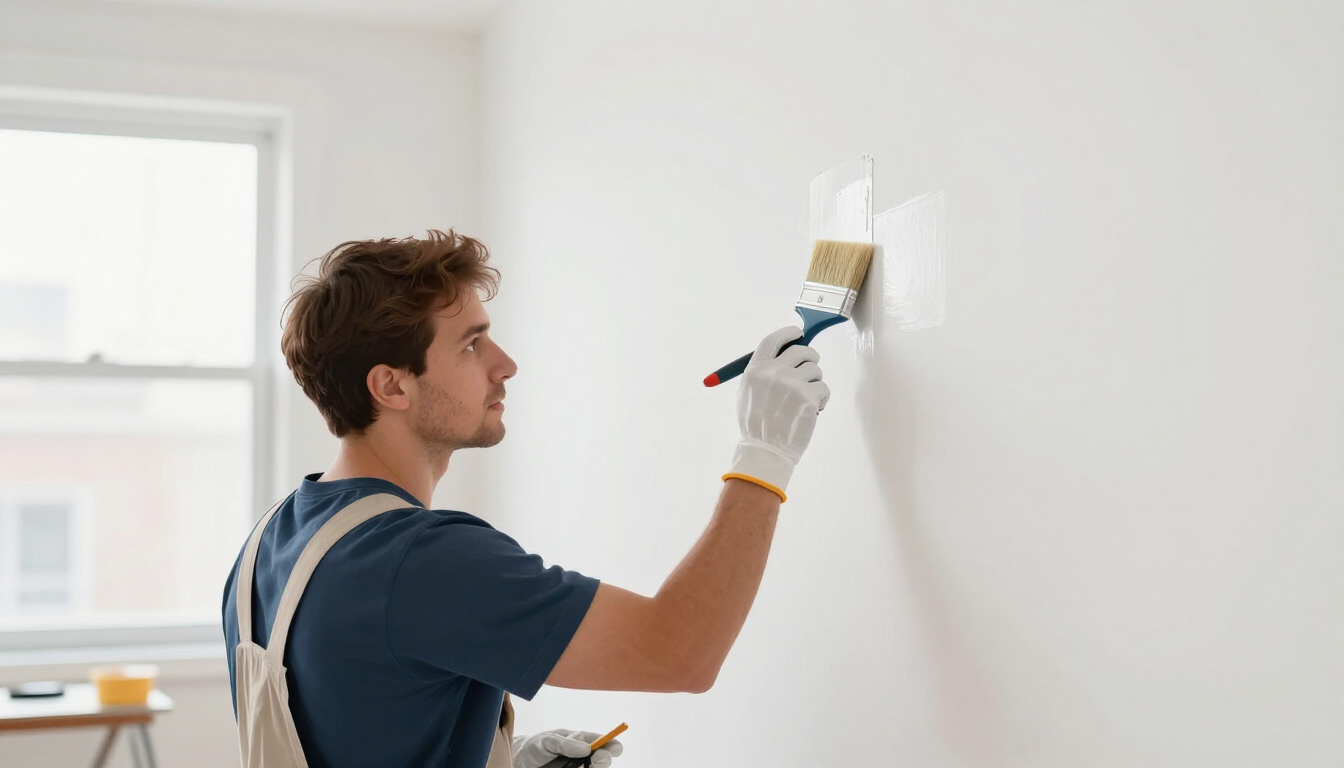 Illustrative painter cutting in interior trim in a Hoboken-style apartment