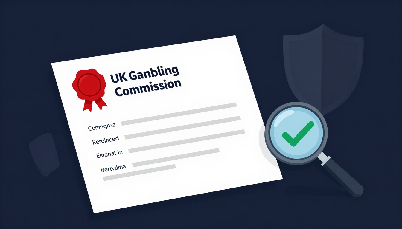 UK Gambling Commission licence certificate with a verification checkmark and magnifying glass on a dark navy background