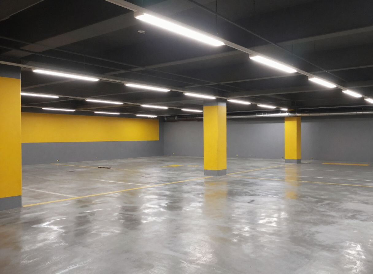 Clean multi-level underground car park with yellow safety markings and polished floors