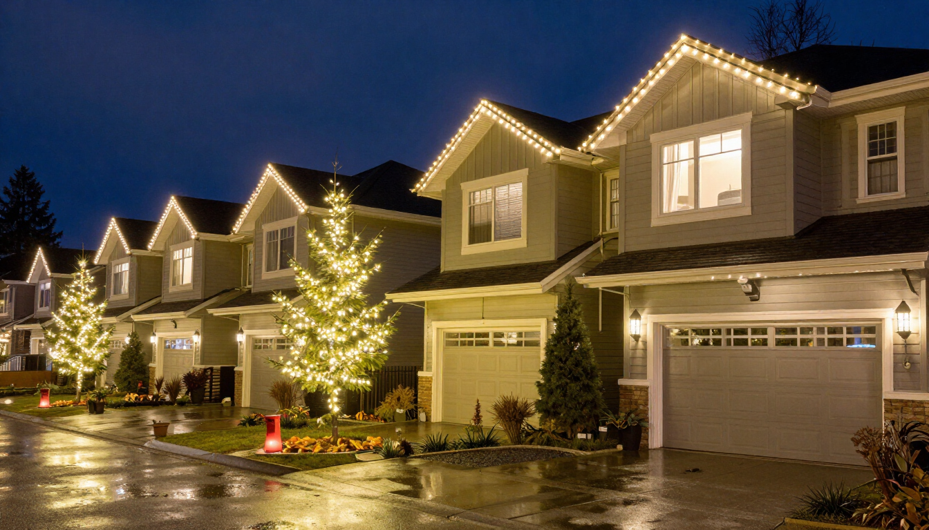 Townhouse and strata Christmas lights in Surrey with exterior mounting and seasonal festive display arrangement.