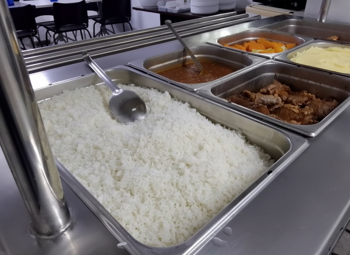 Cuba de arroz branco ao lado de molho, carne, abóbora e purê