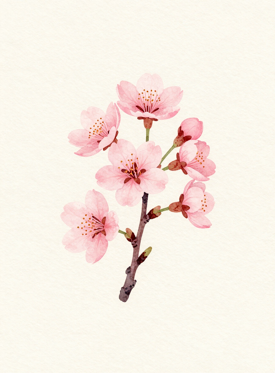 Watercolor painting of a blush Cherry Blossom, paired with Psalm 121:1-2 and Matthew 6:34 for the Everlasting Waters devotional
