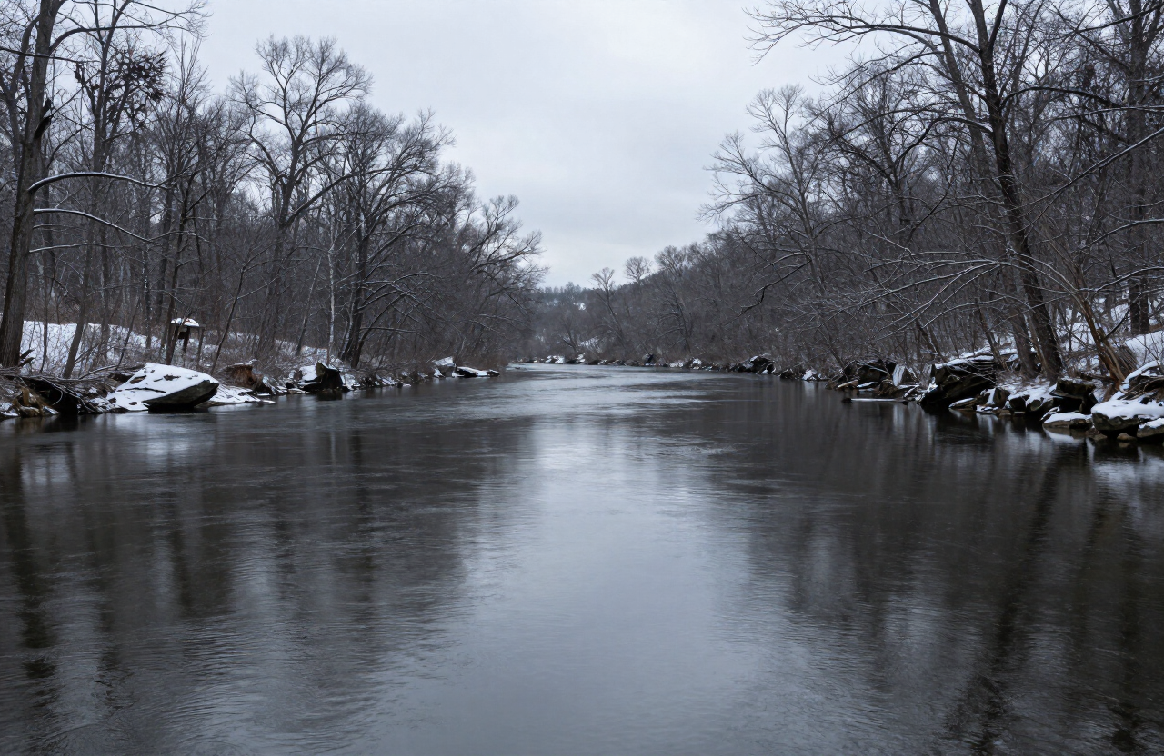 El New River en invierno con árboles desnudos en las orillas y una ligera nieve en la ribera rocosa