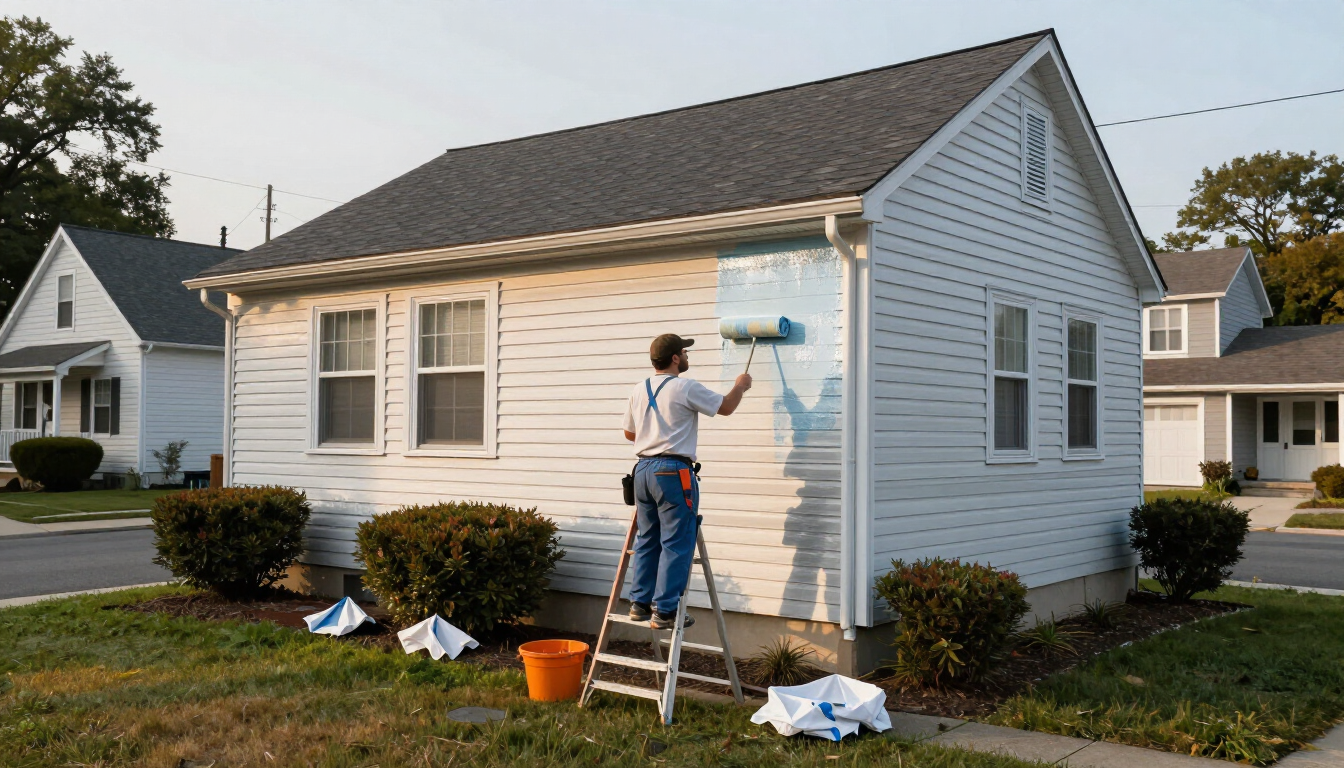 Illustrative image of a professional painter repainting the aluminum siding of a modest 1950s Cape Cod–style home in a New Jersey suburb — not a specific Dumont project