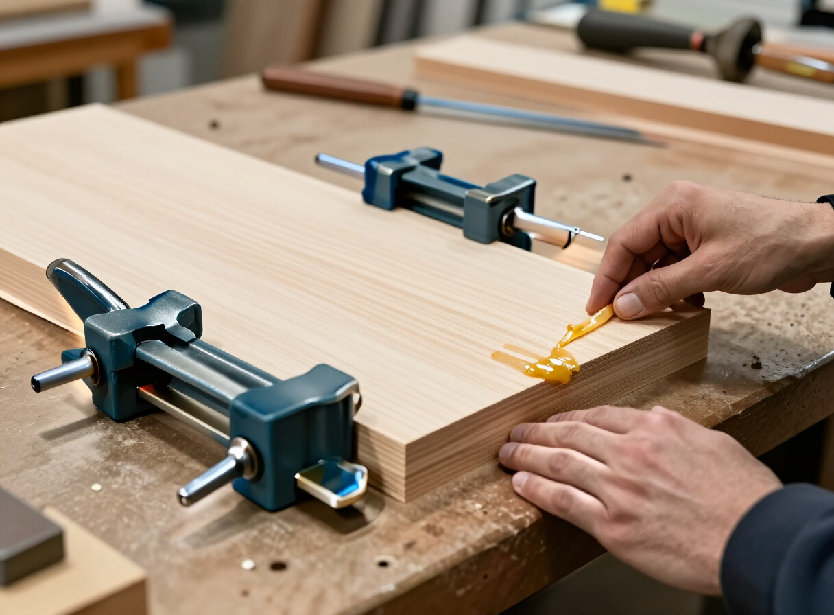 Several bar clamps holding a glued-up wooden panel steady on a workbench, glue squeeze-out visible, a woodworker’s hand checking alignment, bright workshop lighting