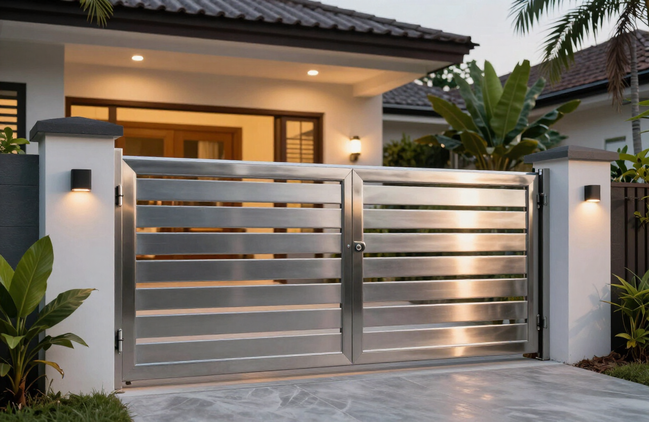Modern stainless steel automatic sliding gate at a Malaysian terrace house