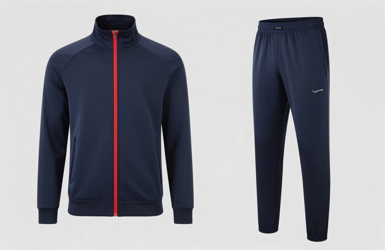 Navy training tracksuit with red zipper details on a mannequin