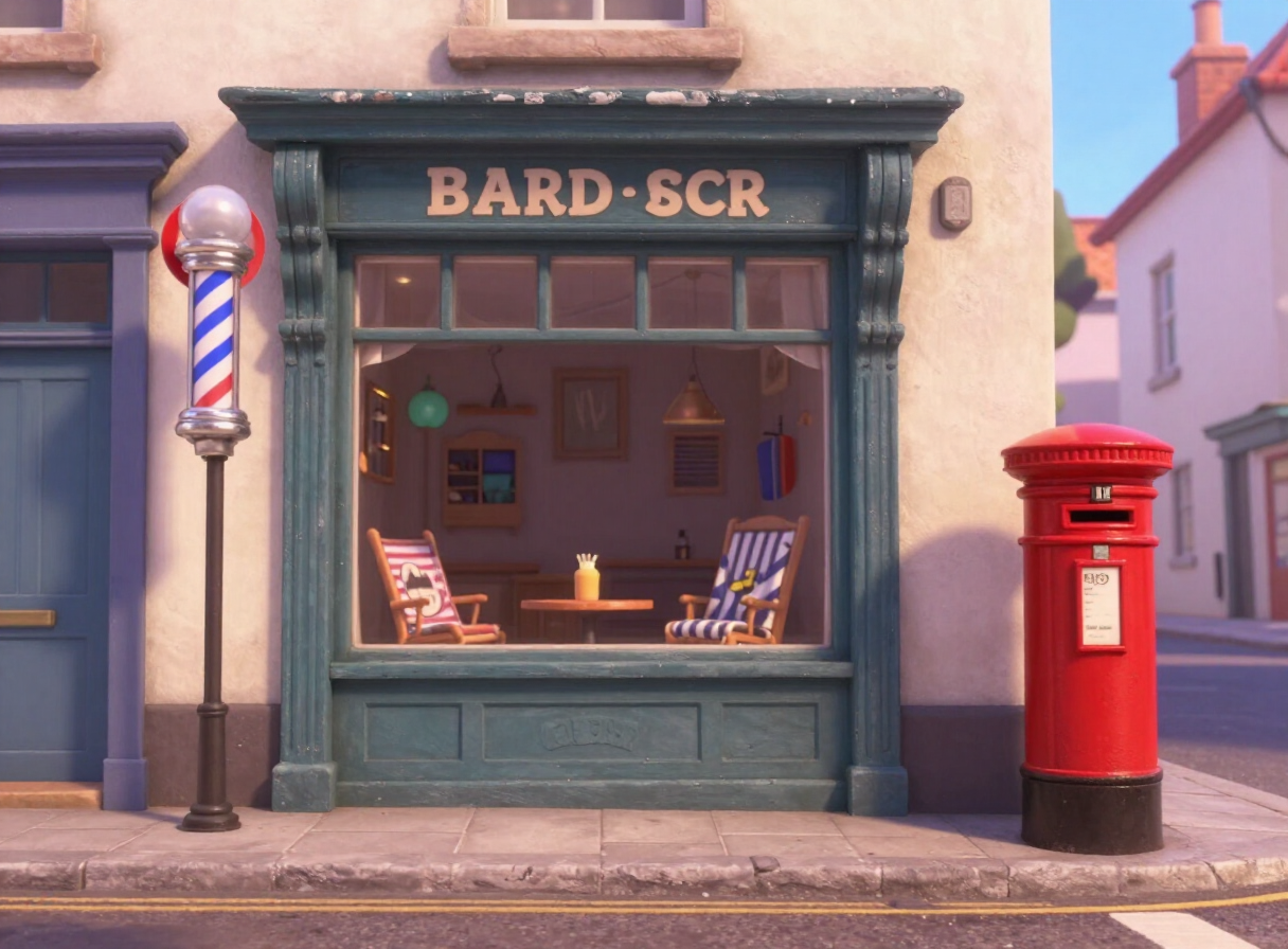 Cartoon English street corner with barber shop and red post box