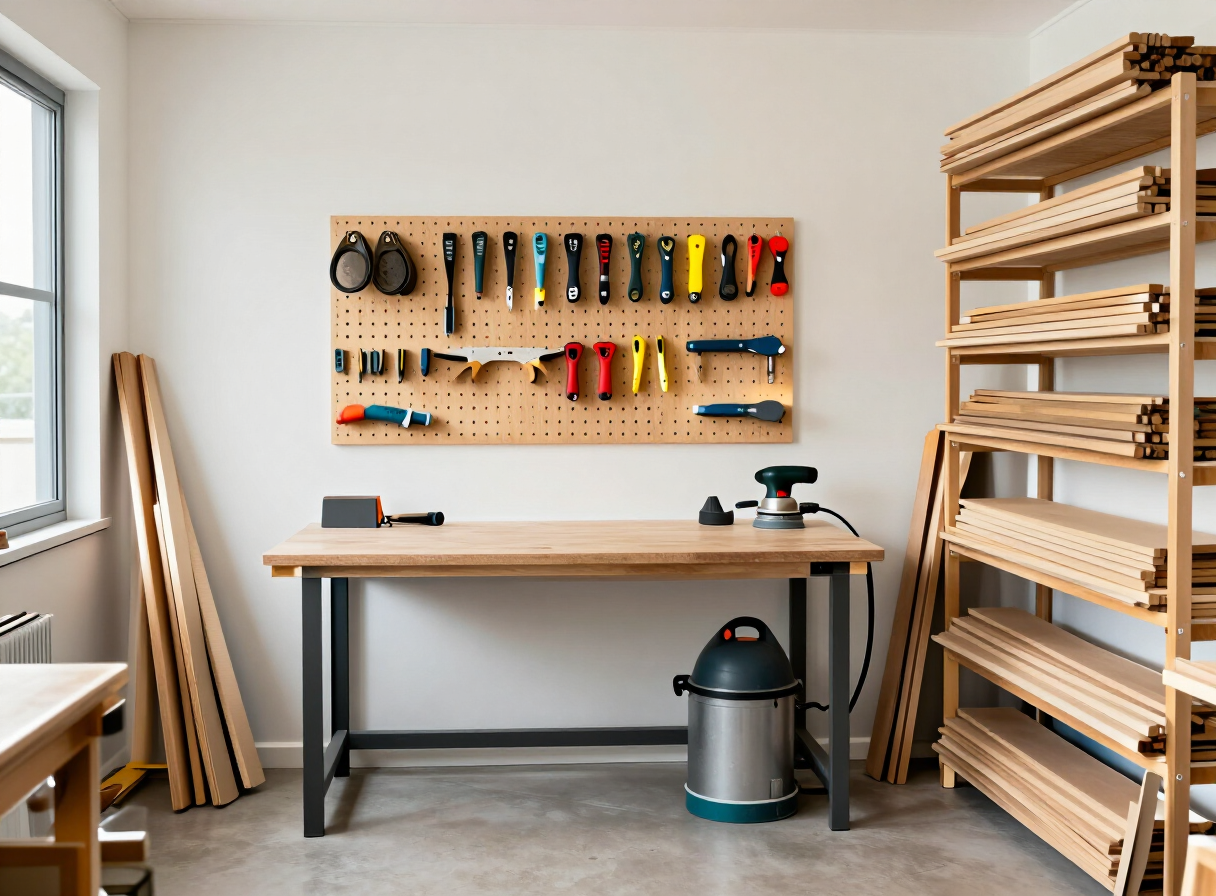 A clean and organized small woodworking workshop with a pegboard tool wall, a tidy workbench, clear walkways, a dust extractor connected to a sander, and a sorted lumber rack in bright daylight