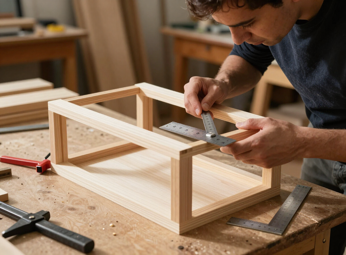 A woodworker dry-assembling a wooden bookshelf frame using bar clamps on a workbench, checking squareness with a combination square, focused hands, warm workshop light