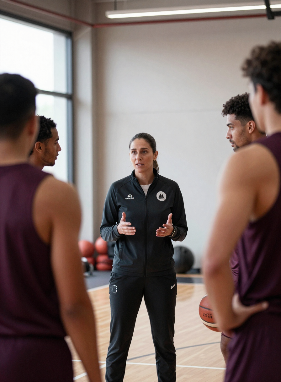 Entrenadora conversando con deportistas después de una sesión de entrenamiento