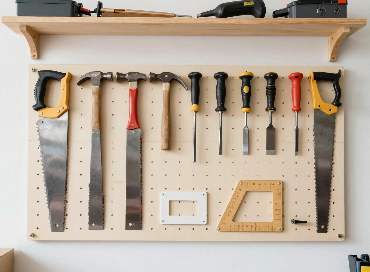 A pegboard wall in a small woodworking workshop with neatly organized hand tools — saws, hammers, chisels, squares, and clamps — each in its outlined place